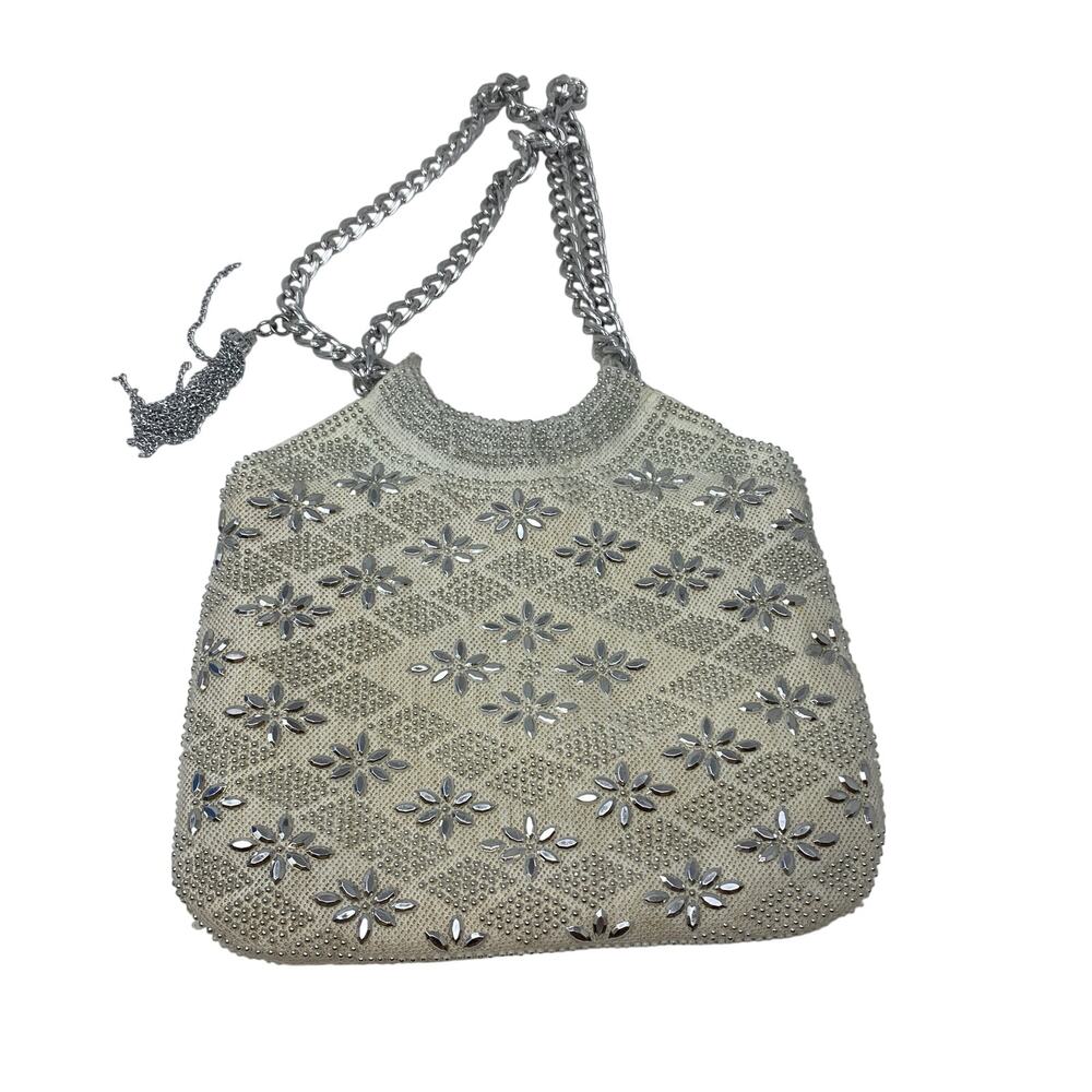 Vintage Y2K White Beaded Rhinestone Evening Bag Silver Chain Bridal Purse Glam